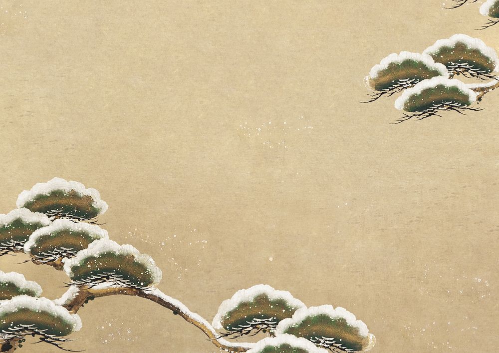 Snow-laden Pine Boughs background, Japanese tree illustration by Ogata Kenzan.  Remixed by rawpixel.