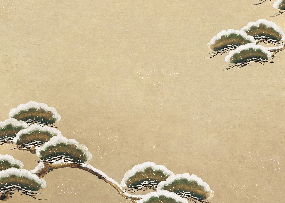 Snow-laden Pine Boughs background, Japanese tree illustration by Ogata Kenzan.  Remixed by rawpixel.