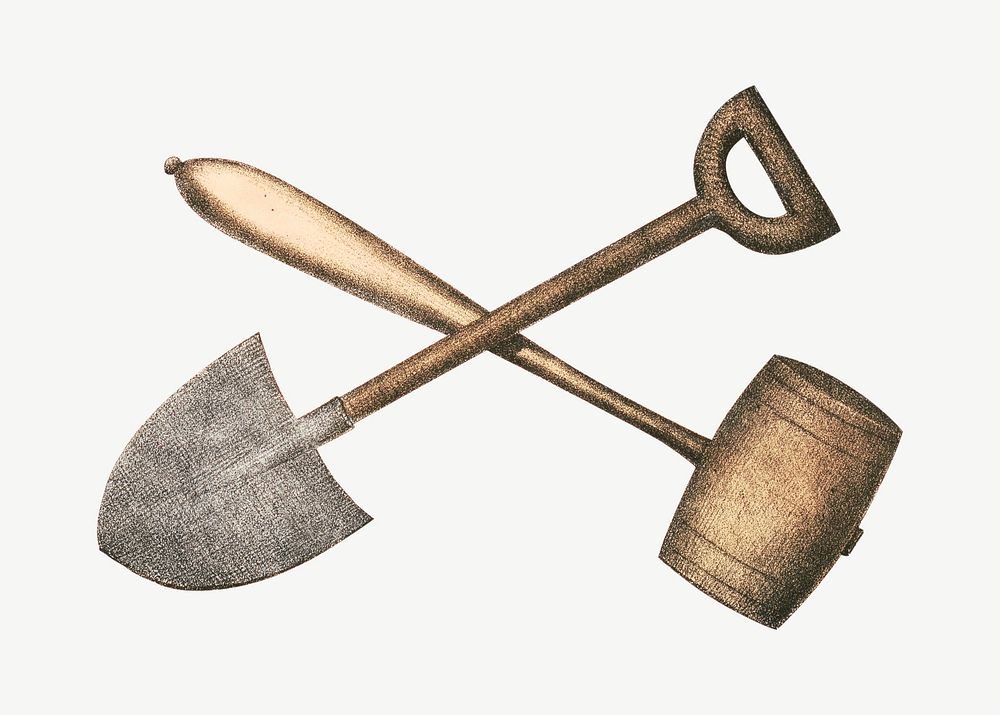 Shovel and hammer, vintage gardening tool illustration psd.  Remixed by rawpixel. 