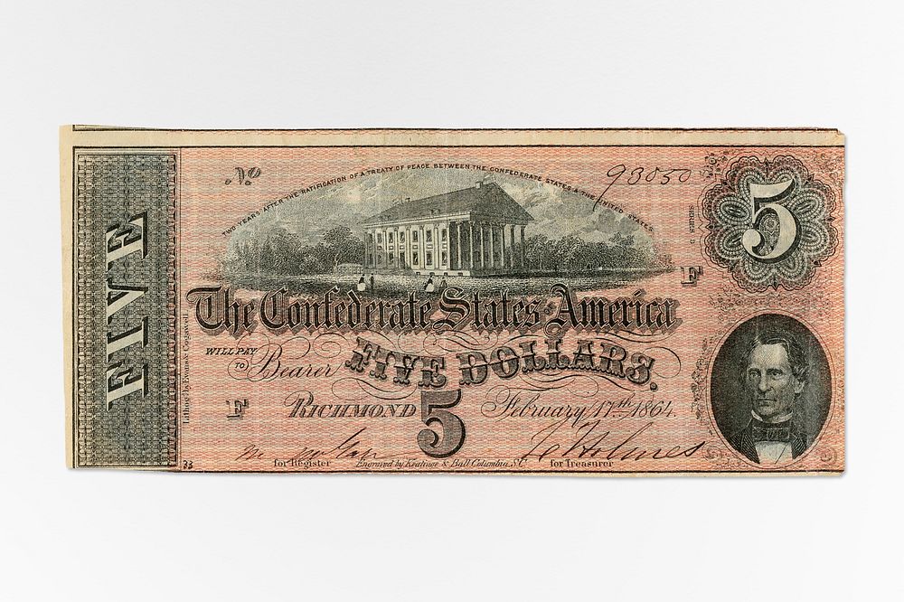 Bank note (1864) five dollar money. Original public domain image from The Smithsonian Institution. Digitally enhanced by…