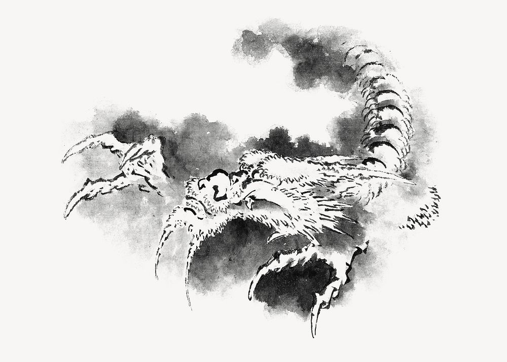 Dragon emerging from clouds, mythical creature illustration by Katsushika Hokusai.  Remixed by rawpixel. 