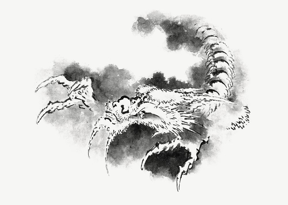 Dragon emerging from clouds, mythical creature illustration by Katsushika Hokusai psd.  Remixed by rawpixel. 