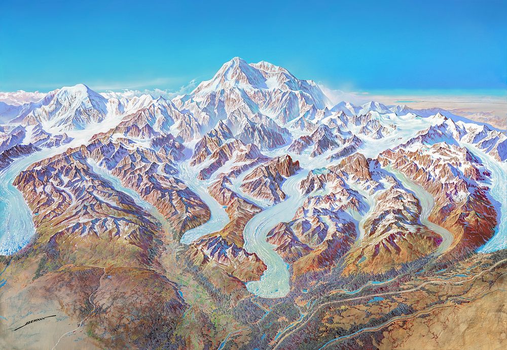 Panorama of Denali National Park (1994) mountain landscape painted by Heinrich C. Berann. Original public domain image from…
