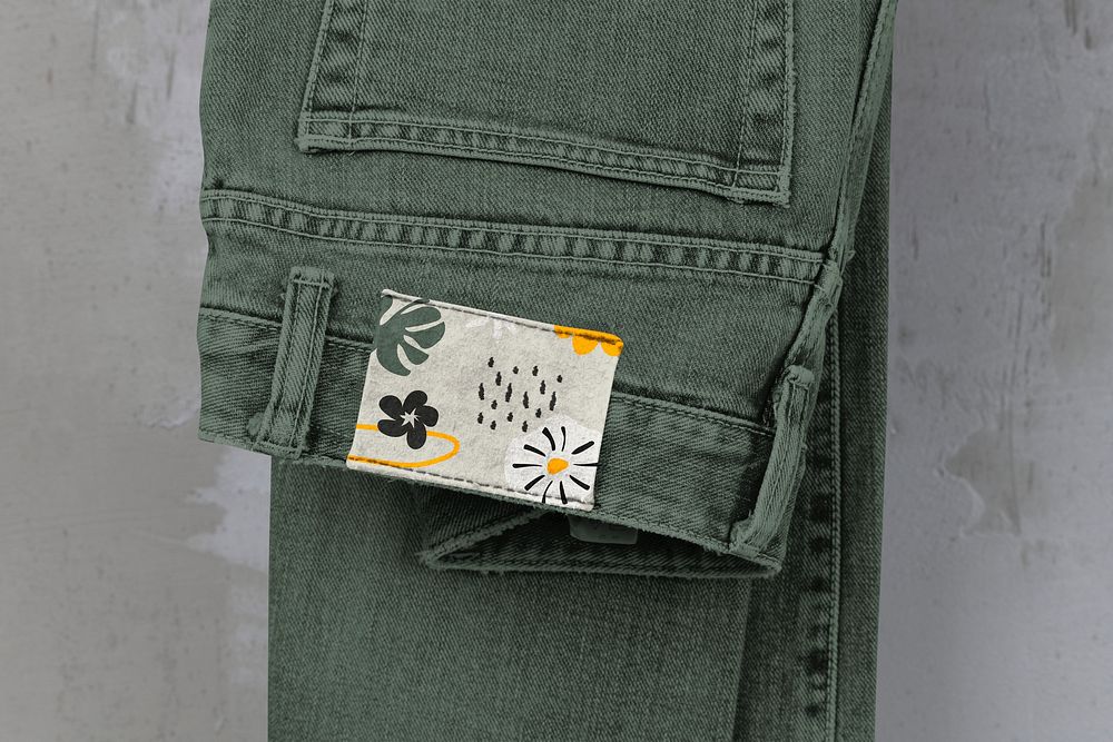 Floral jeans label mockup, casual fashion branding psd