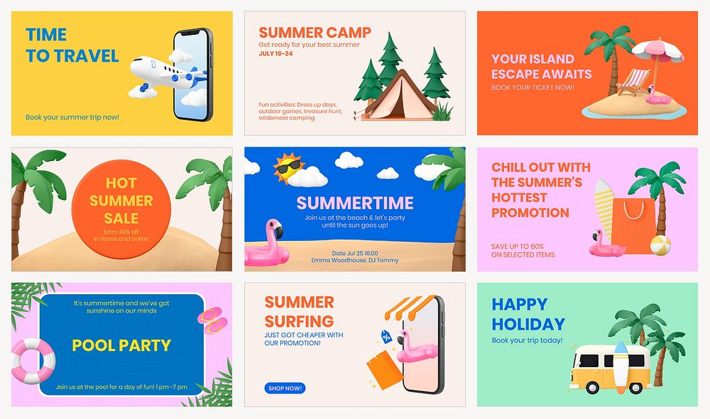 Summer travel blog banner template, 3D sale advertisement psd