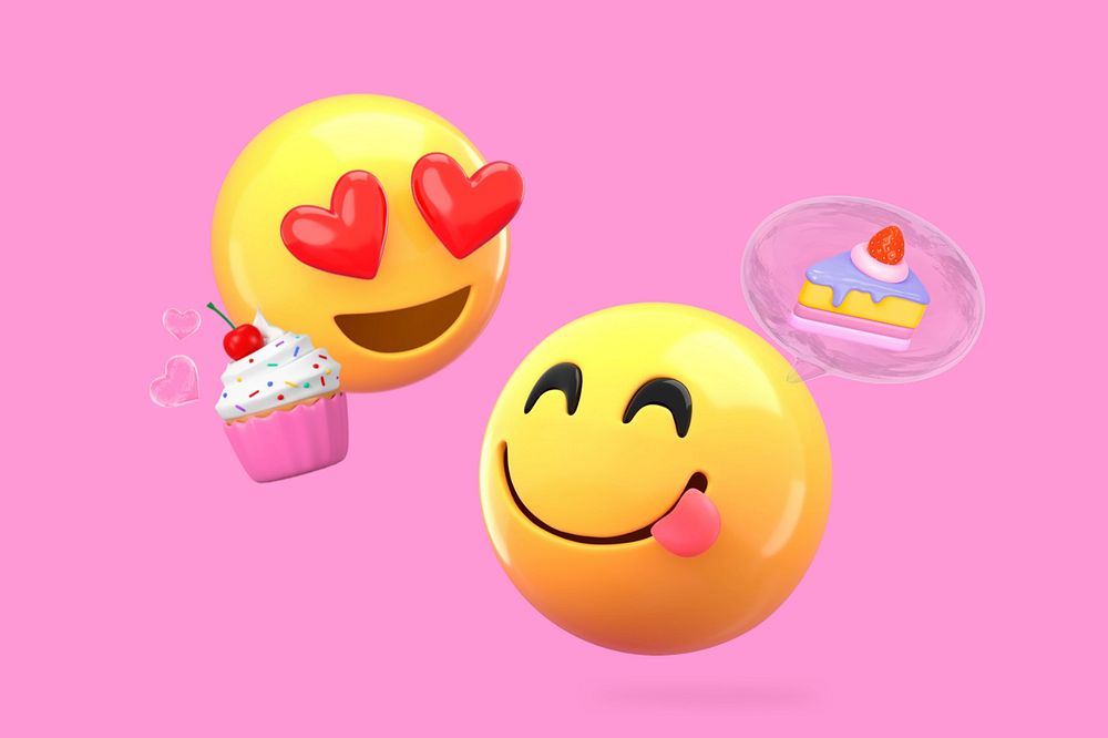 3D emoticons eating cakes, food illustration