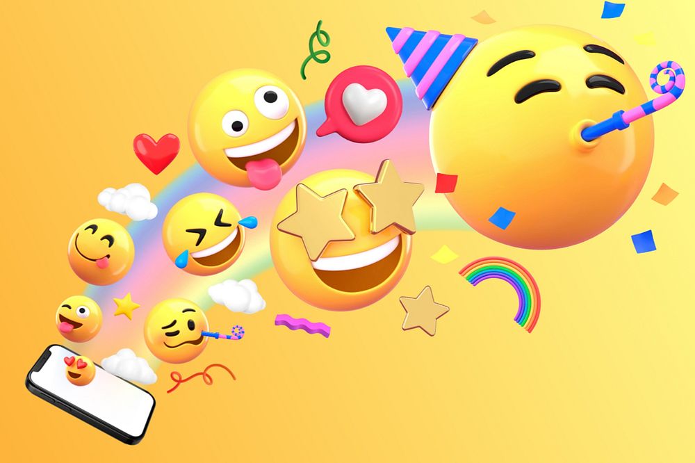Cute 3D emoticons background, bursting out of a phone