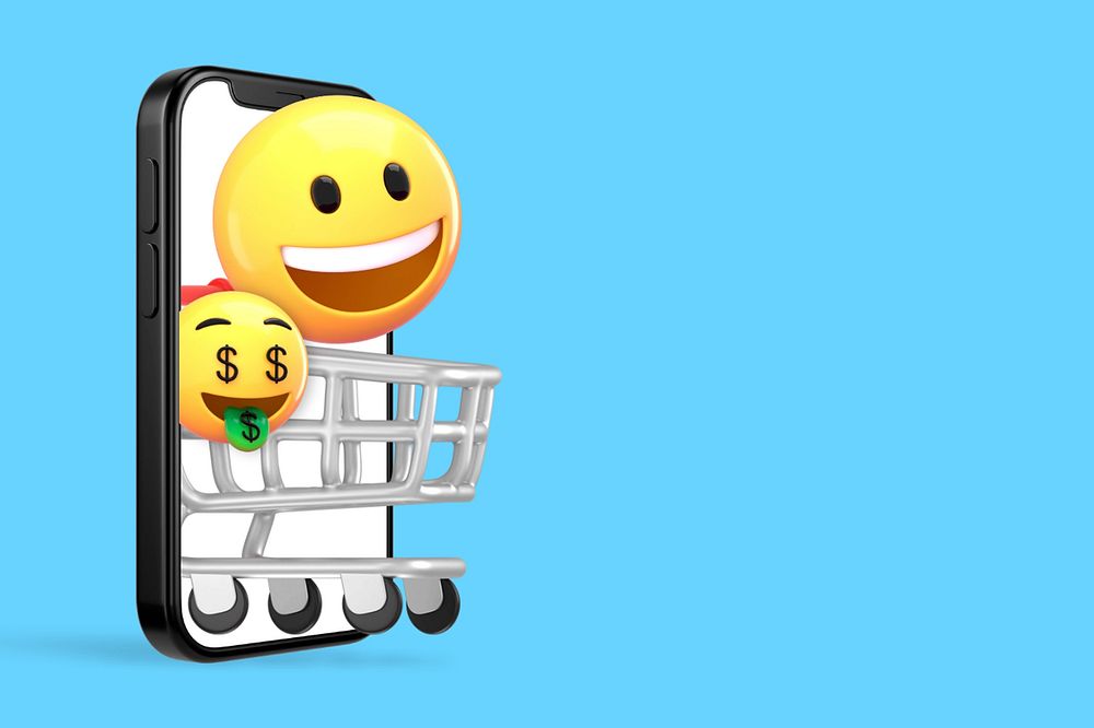 3D online shopping background, emoticons illustration