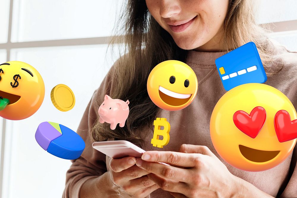 3D online shopping emoticons, woman using phone remix