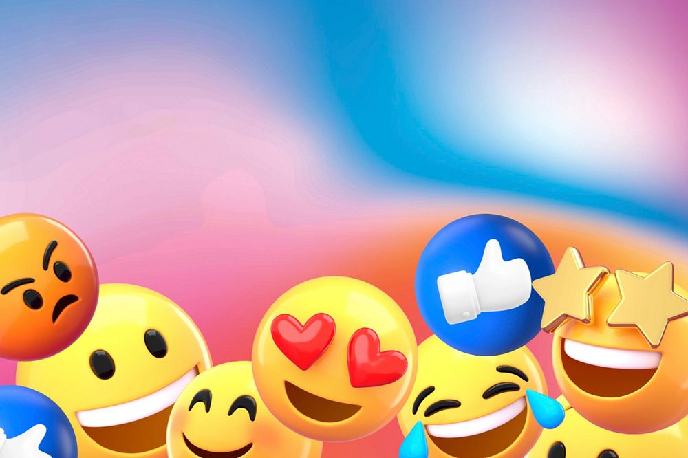Aesthetic gradient holographic background, 3D emoticons border