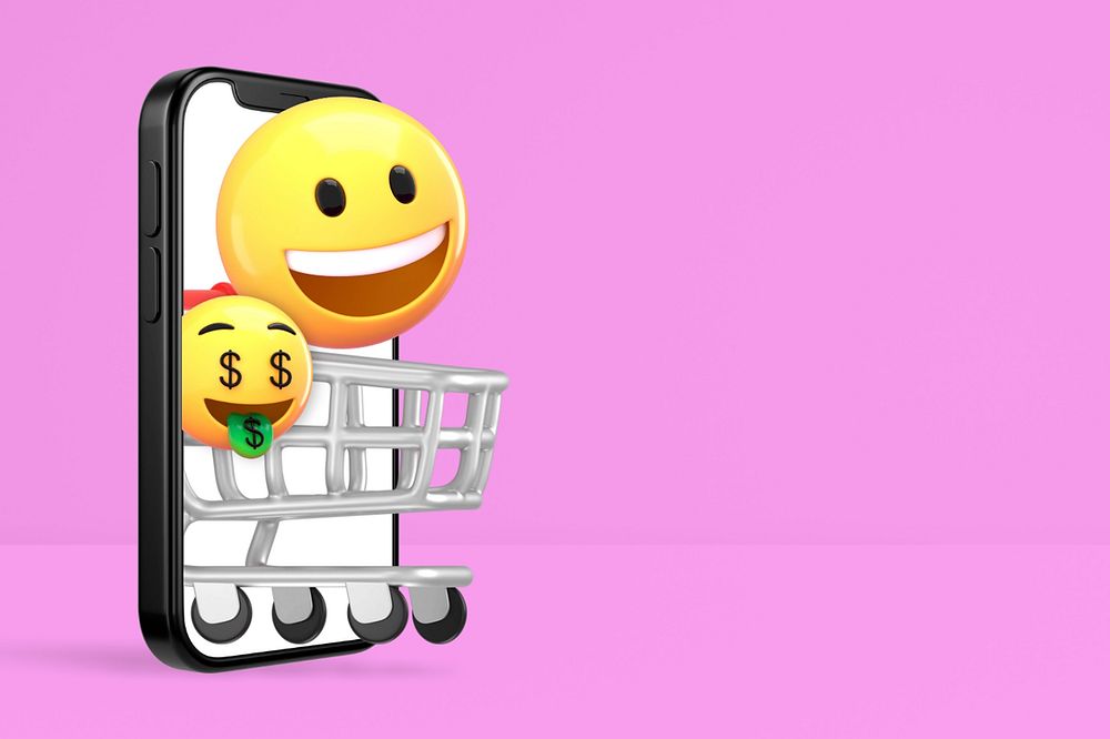 3D online shopping background, emoticons illustration