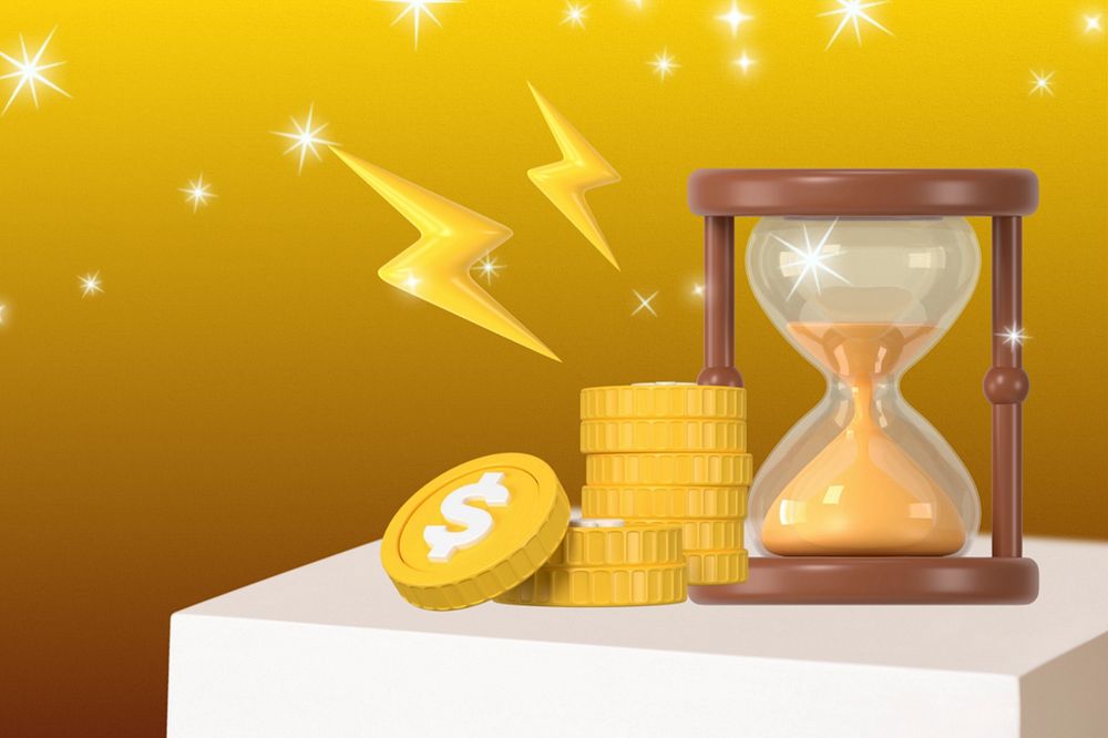 Time is money background, 3D hourglass coin graphics