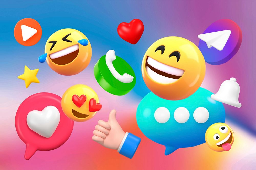 Social media emoticons, colorful 3D rendering graphics