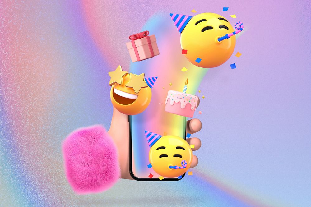 Birthday party emoticons background, holography aesthetic design