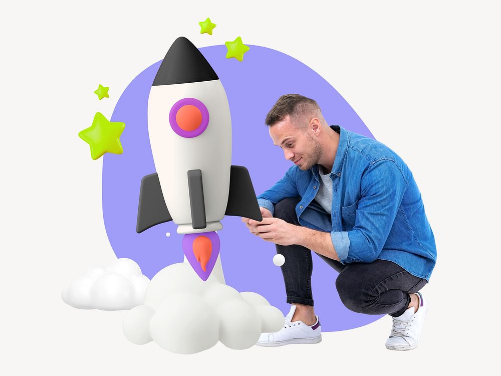 Business entrepreneur launching rocket, startup 3D remix