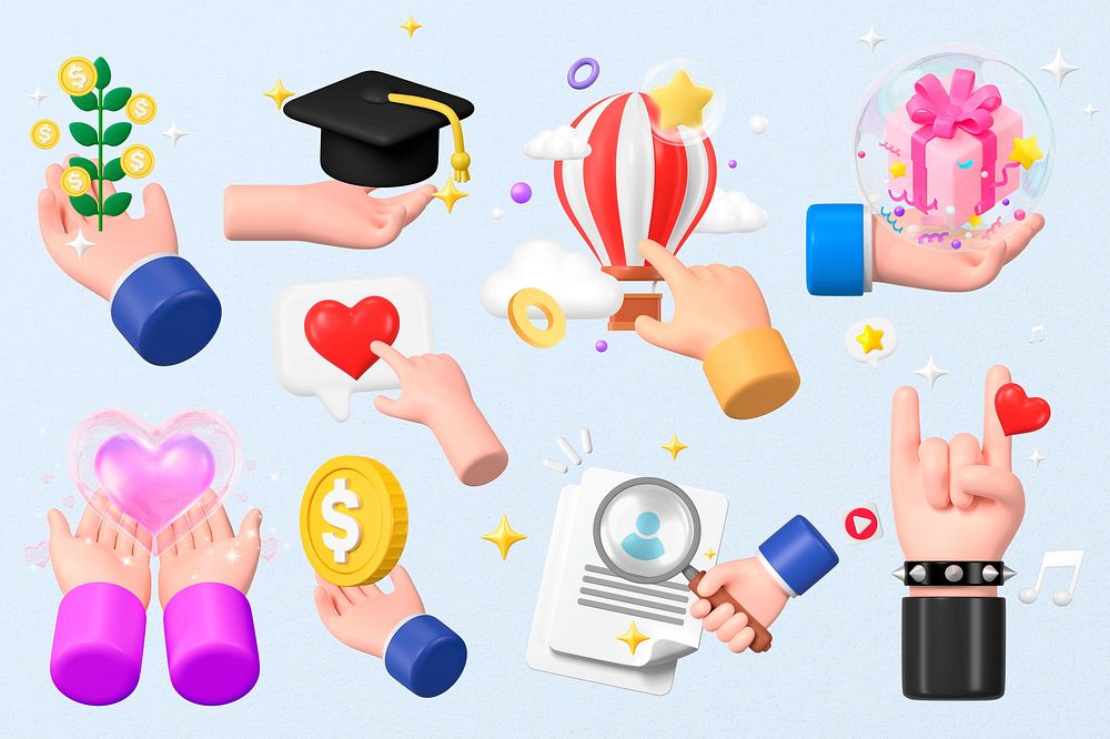 3D hands, finance, education & business remix set psd