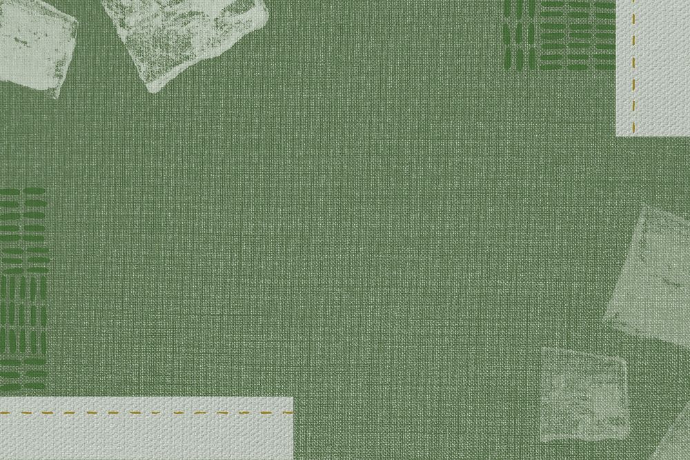 Green fabric textured background, block prints border