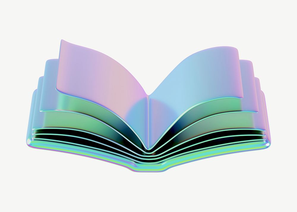 Holographic open book, 3D education collage element psd