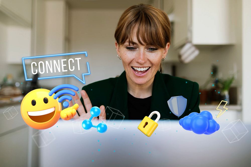 Connect from home, technology word element, 3D collage remix design