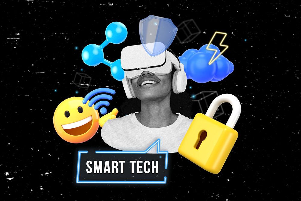Smart tech word element, 3D collage remix design