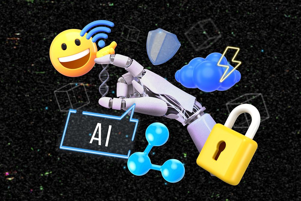 AI, artificial intelligence word element, 3D collage remix design
