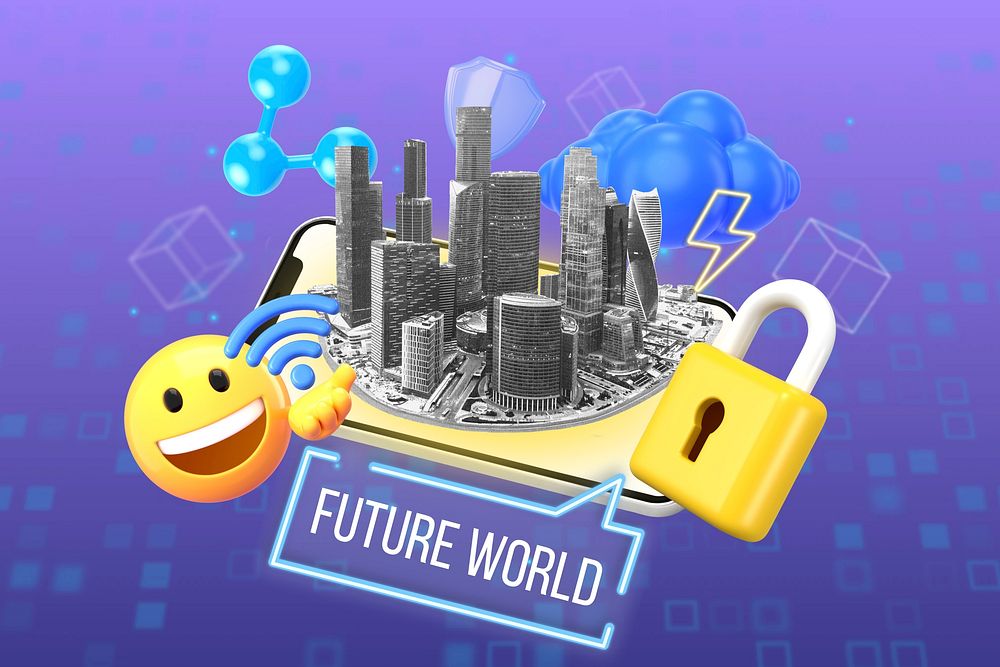 Future world word element, 3D collage remix design