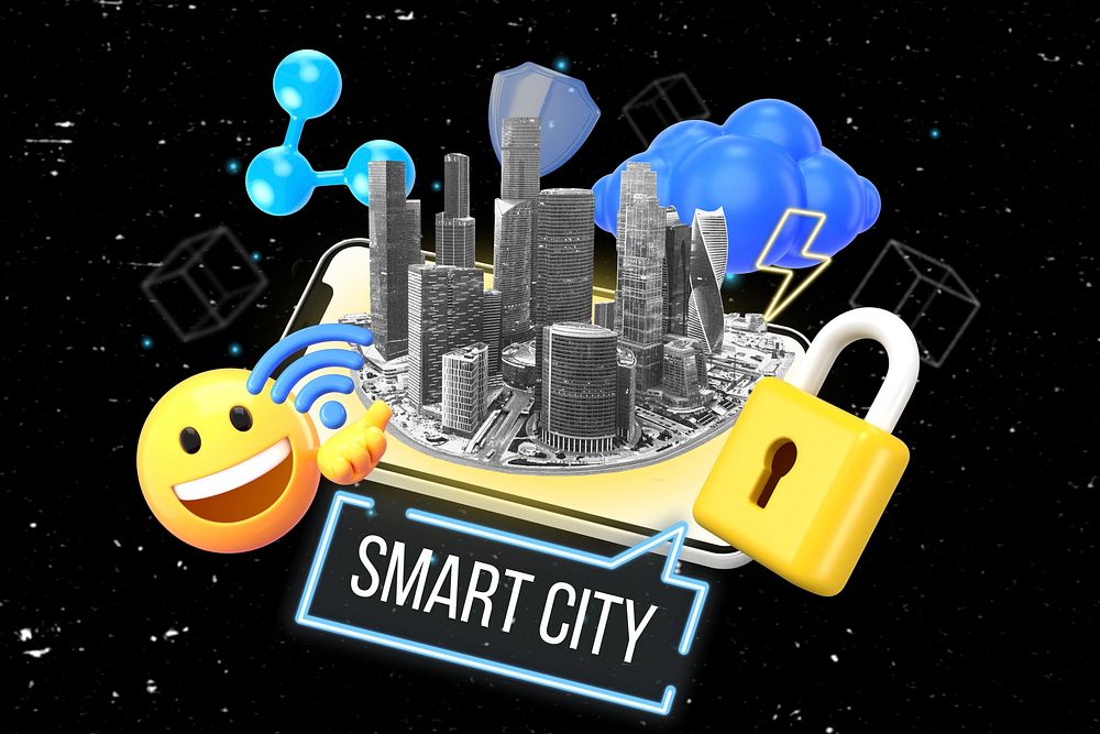 Smart city word element, 3D collage remix design