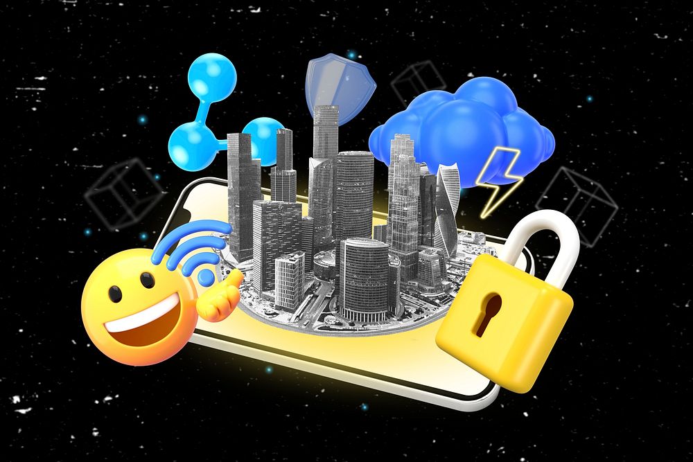 Smart city security, 3D collage remix design