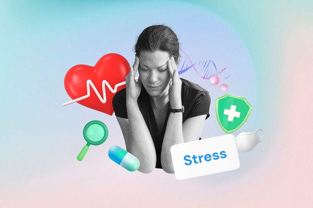 Stress, healthcare word element, 3D collage remix design