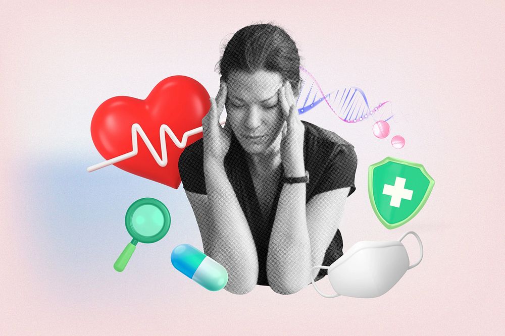 Women's health, migraine, 3D collage remix design