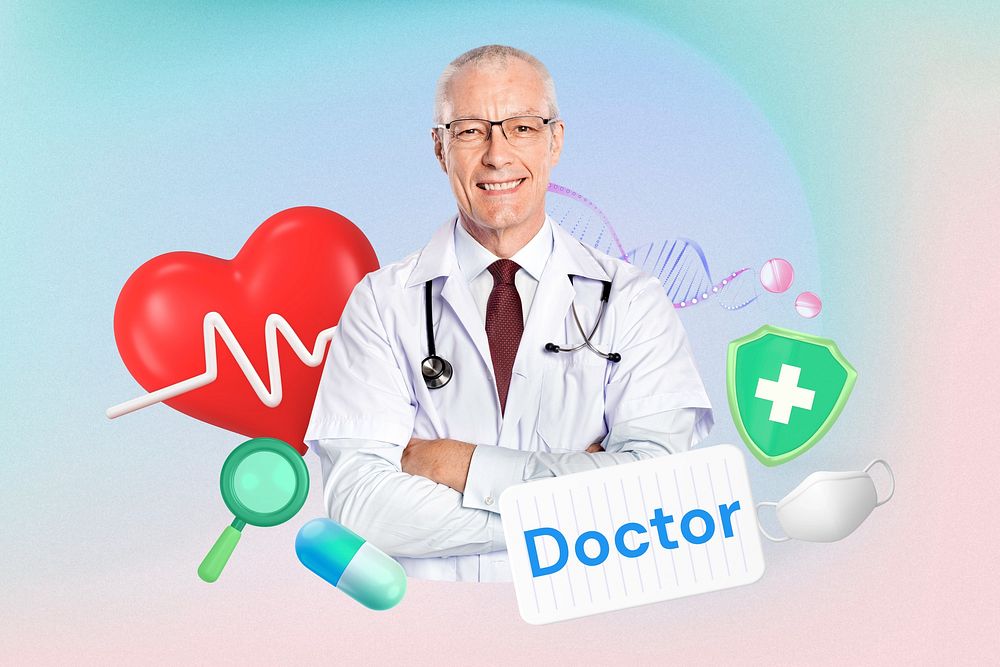 Doctor, healthcare word element, 3D collage remix design