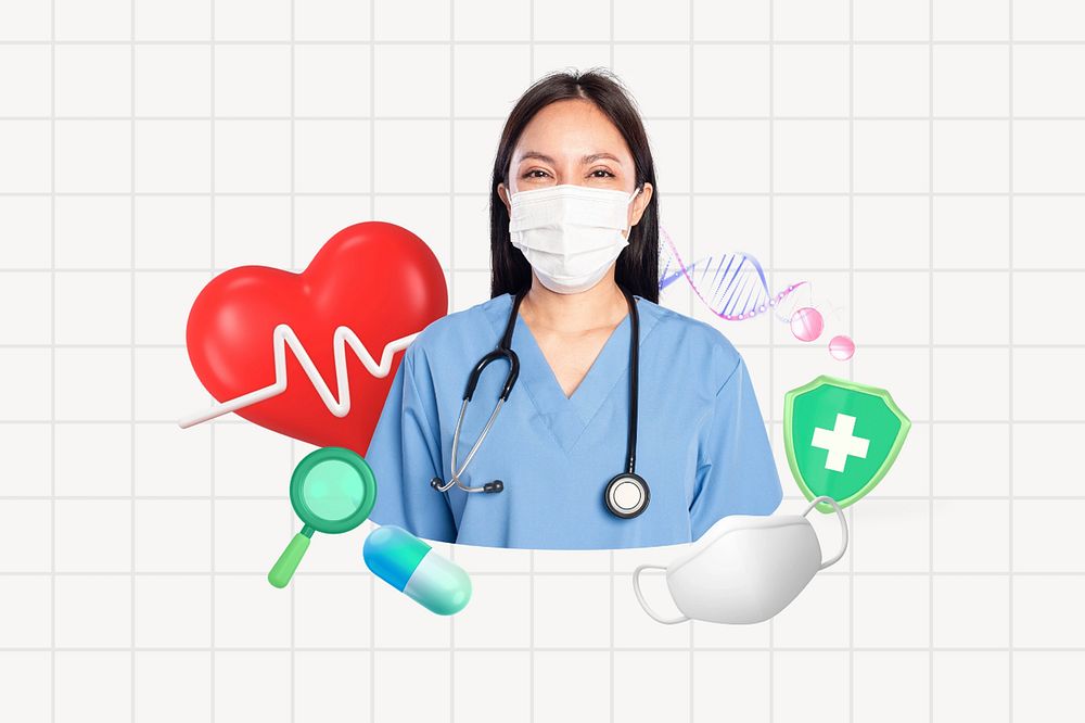 Medical nurse, healthcare, 3D collage remix design