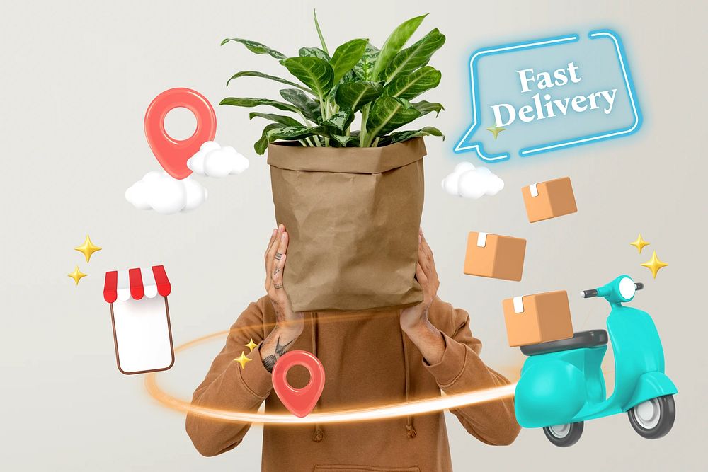 Fast delivery service word element, 3D collage remix design