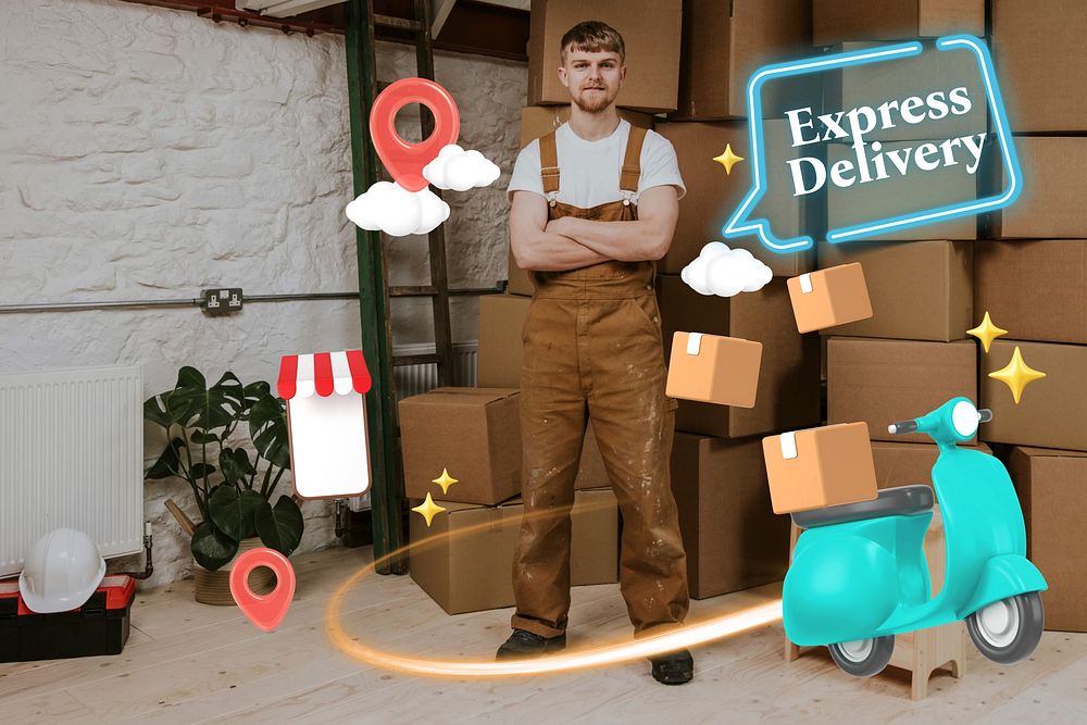 Express delivery & logistics word element, 3D collage remix design