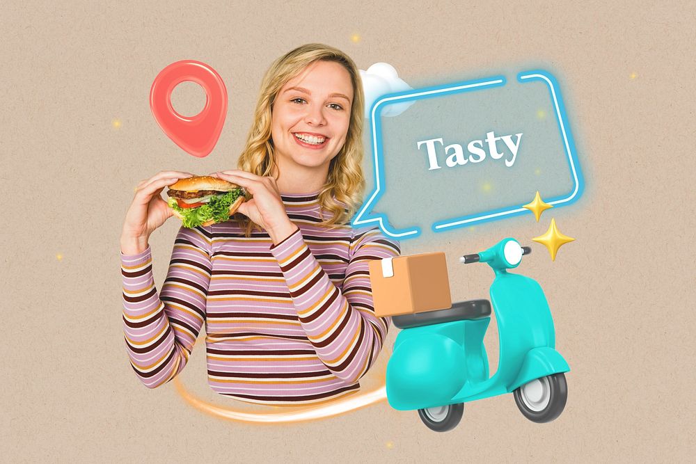 Tasty, food delivery word element, 3D collage remix design