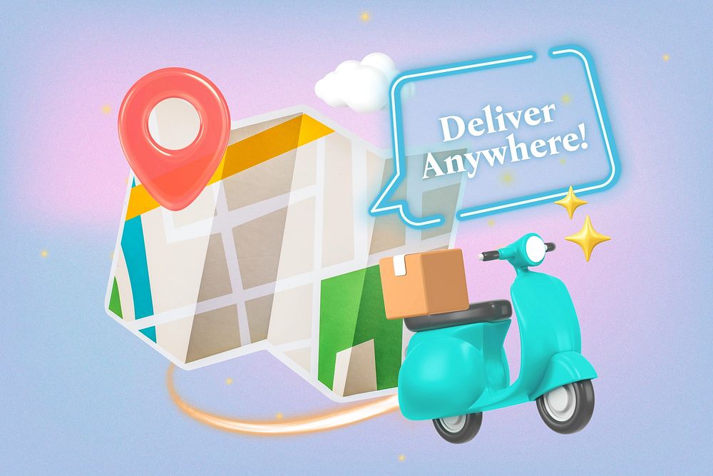 Delivery anywhere word element, 3D collage remix design
