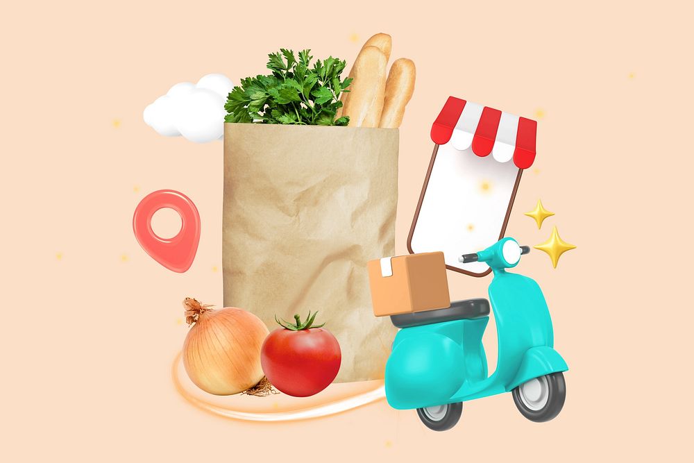 Supermarket delivery service, 3D collage remix design