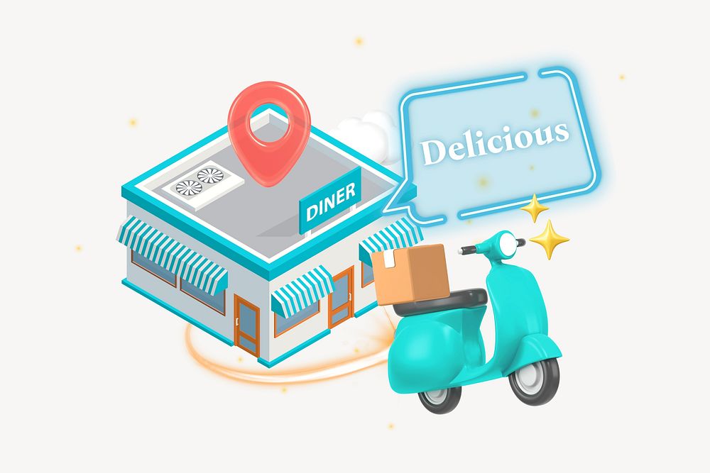 Delicious, food delivery word element, 3D collage remix design