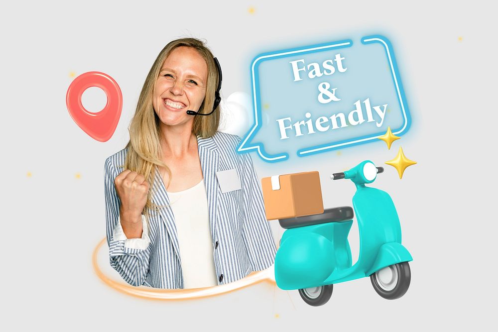 Fast & friendly delivery word element, 3D collage remix design