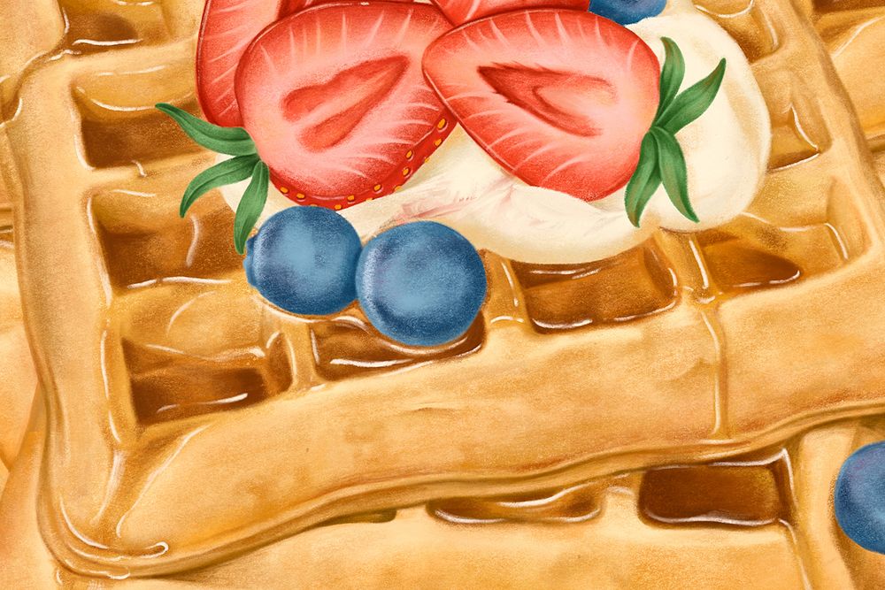 Strawberry waffle dessert background, food illustration