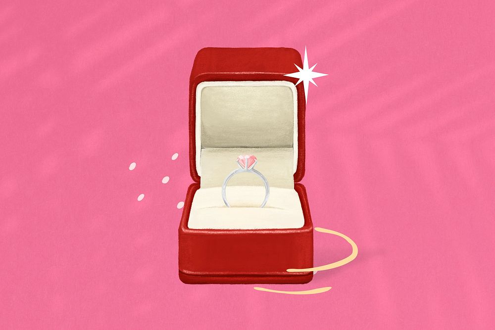 Wedding diamond ring, red velvet box illustration