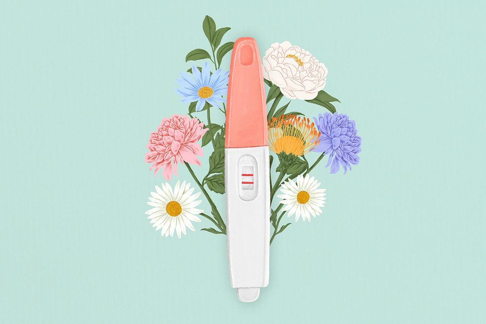Positive pregnancy test, women's health, floral remix