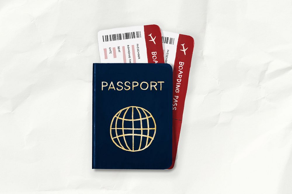 Passport plane ticket, travel illustration