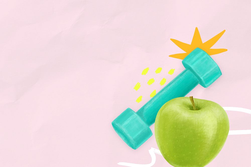 Healthy diet background, dumbbell and apple illustration