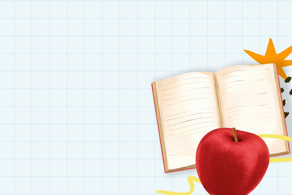 Education aesthetic background, book and apple illustration