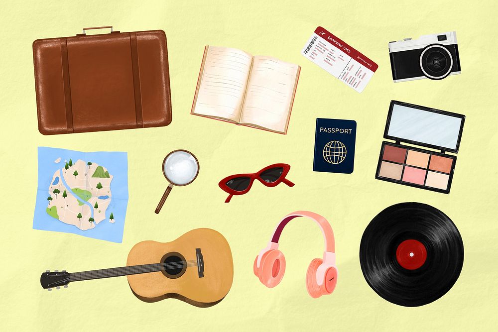 Hobby and travel aesthetic collage element set psd
