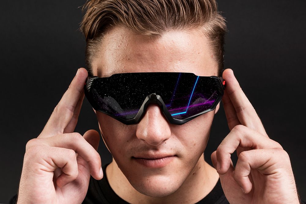 Man wearing smart glasses  mockup with headphones psd futuristic technology