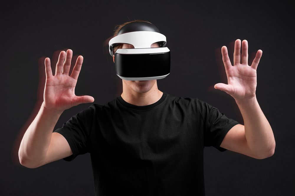 Man in VR glasses psd mockup futuristic technology