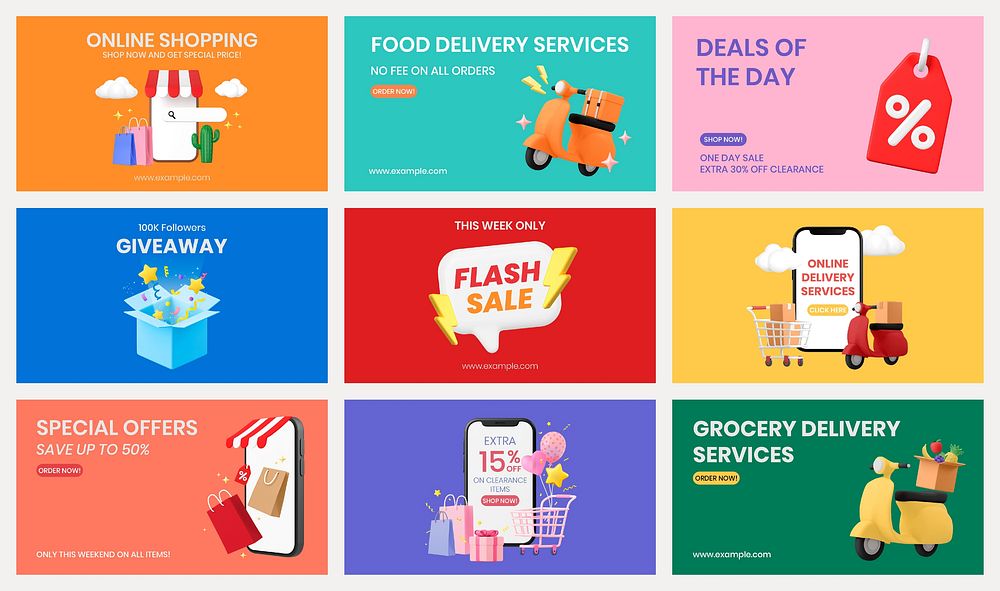 3D sale blog banner templates, colorful small business design psd set
