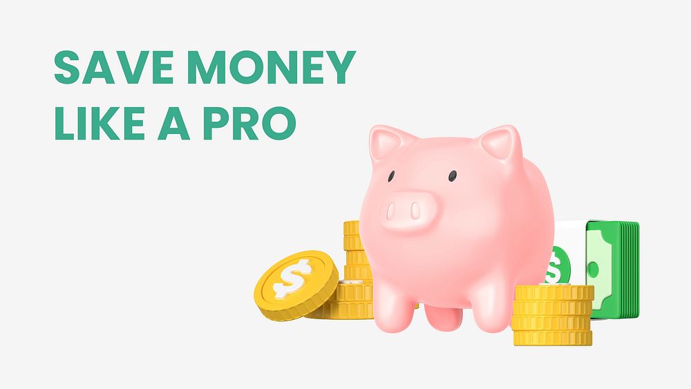 Piggy bank banner template, 3D money illustration vector